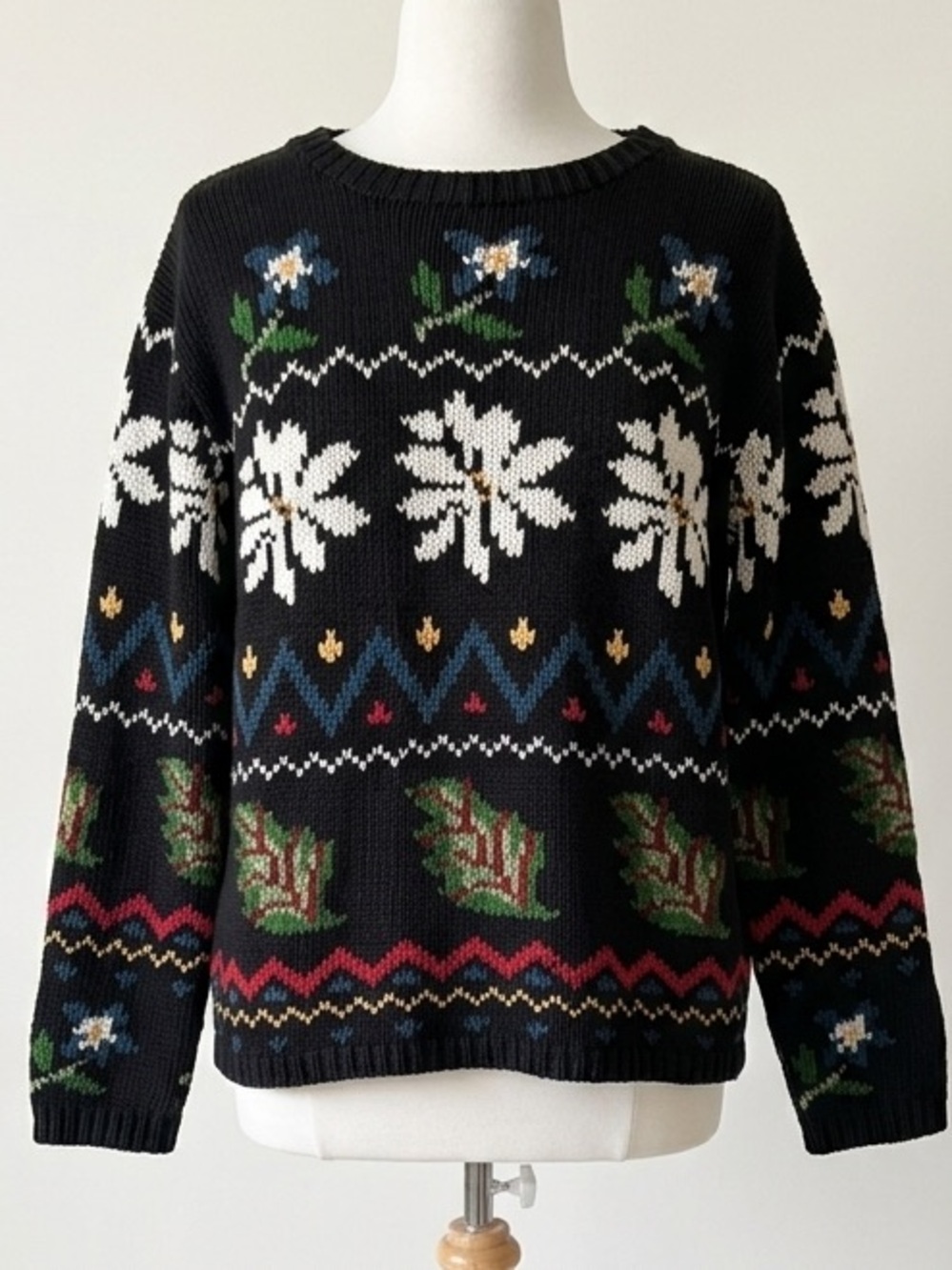 Eddie Bauer 90s Vintage Folk Art Floral Cotton Sweater Made in Hong Kong Size S - Picture 3 of 14